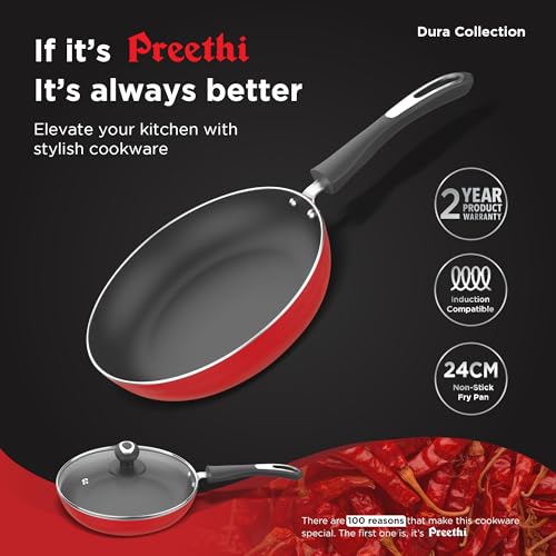 Image 2 of Preethi Dura Collection Non Stick Fry Pan, 24 cm, with Glass Lid, Gas & Induction Compatible, 5 Star Non Stick Effect, Chilly Red