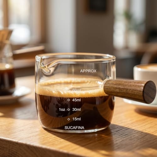 Image 4 of Supvox Espresso Measuring Cup 75ml Glass with Wooden Handle Pour Spout