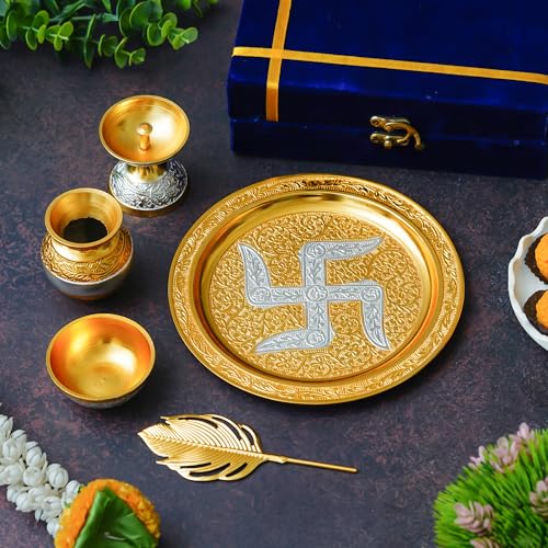 Image 3 of Webelkart Silver Plated Swastik Pooja Thali Set (Gold)