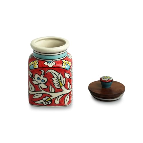 Image 3 of ExclusiveLane Mughal Classic Multi Utility Storage Ceramic Jars with Wooden Lid Set of 2 410 ml