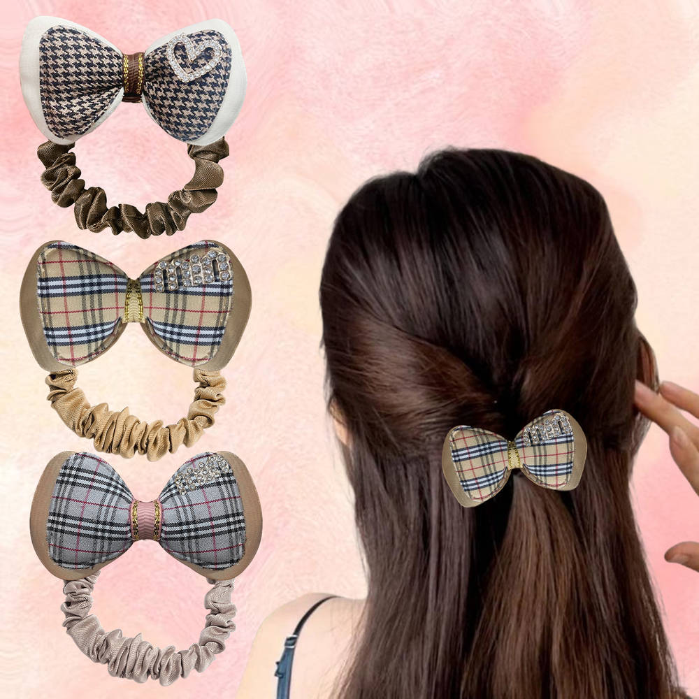Image 1 of 3 Pcs for the product Majestique Burberry Print Hair Bow Ponytail Rubber Band