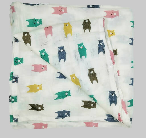 Image 6 of Kindermum Organic Cotton Muslin Swaddle Blanket 110 Cm X 110 Cm - Set Of 2 - Colorful Polka And Bear