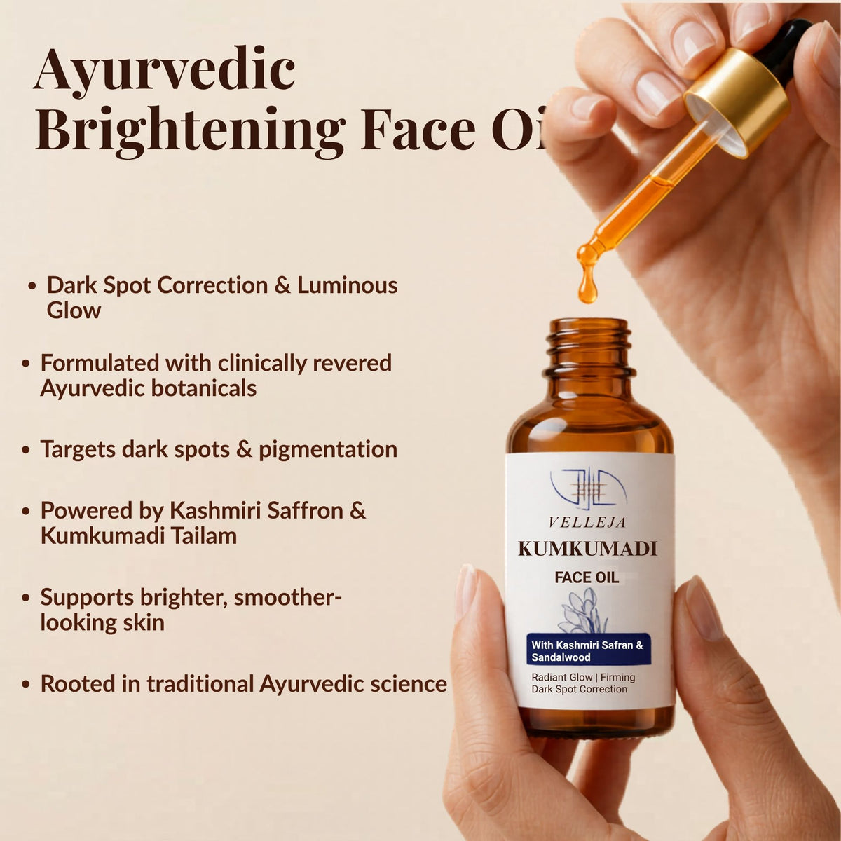 Image 4 of Velleja Kumkumadi Face Oil with Kashmiri Saffron & Sandalwood | Ayurvedic Anti Aging Face Serum for Brightening, Dark Spots & Pigmentation