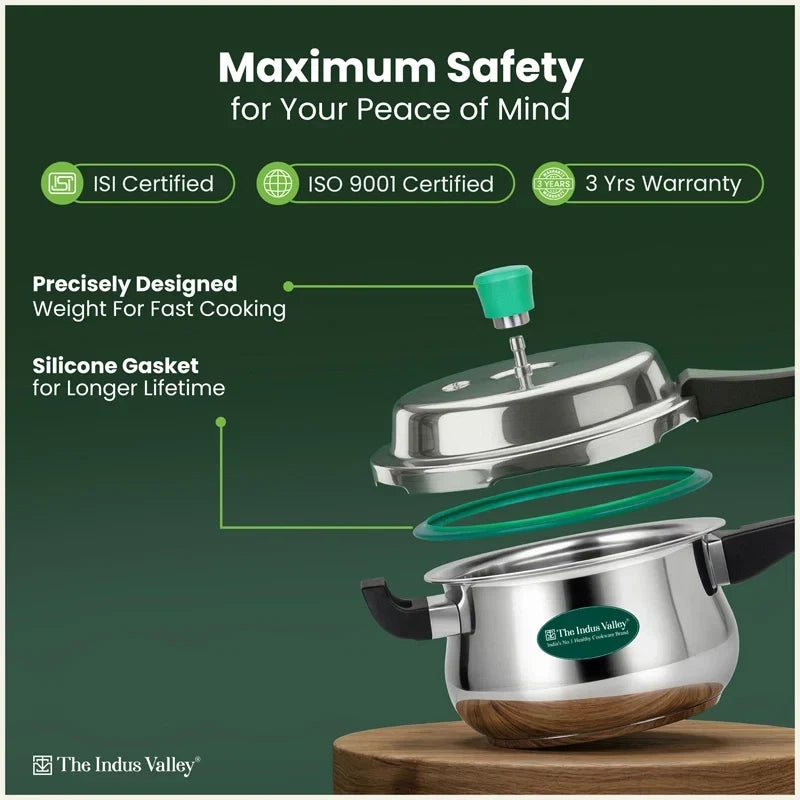 Image 9 of The Indus Valley Premium Stainless Steel Outer Lid Handi Pressure Cooker 1.5L/3.5L/5.5L, Premium Quality, Heavy Bottom, 100% Safe, ISI Certified, 3 Yr Warranty, Induction & Gas