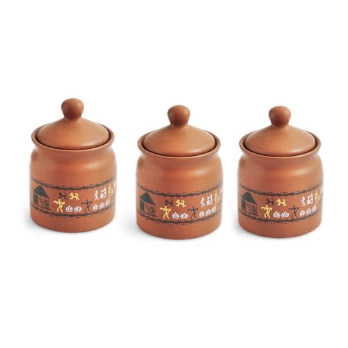 Image 3 of ExclusiveLane Warli Village Tales Handcrafted Ceramic Pickle Jar Set of 3 with Wooden Tray 250 ML
