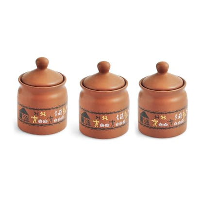 Image 3 of ExclusiveLane Warli Village Tales Handcrafted Ceramic Pickle Jar Set of 3 with Wooden Tray 250 ML