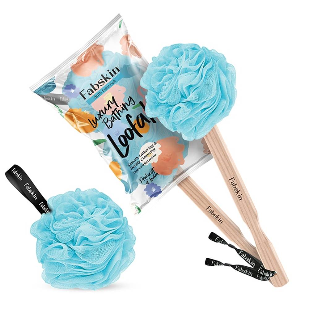 Image 1 of 1 Pc / Pack of 1 for the product Fabskin Loofah Duo Pack - Bath Brush With Wooden Handle & Round Loofah - For Men & Women-Blue