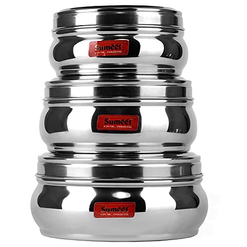 Image 1 of 450ml, 650ml, 950ml for the product Sumeet Stainless Steel Belly Shape Flat Canisters/Puri Dabba/Storage Containers