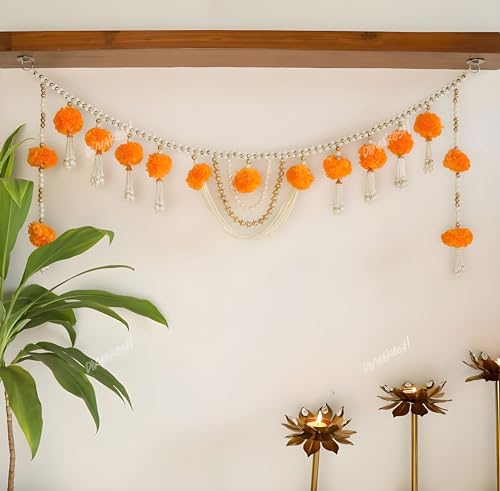 Image 2 of Divyakosh Fabric Marigold Flower With Moti Toran, Bandarwal Door Hanging, 94 Cm