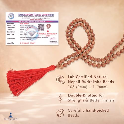 Image 2 of Chitshakti Rudraksha mala 108 +1 Beads Original | Sacred 108 + 1 Rudraksha Meditation Mala | Natural 9 mm Beads with 9 mm Guru Bead | Traditional Hand-Knotted Japa Mala with Red Tassel | Red