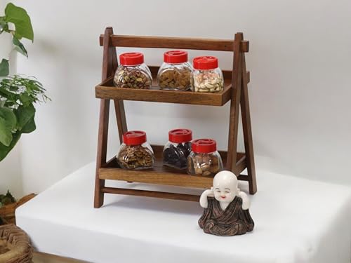 Image 5 of Vesta Homes Foldable Home and Kitchen Organizer Countertop Tiered Shelf Rack/Double Tray/Storage Shelves/Spice Shelf/Wooden Organizer for Office, Bedroom | 43 x 23 x 38 cms | Handcrafted in India