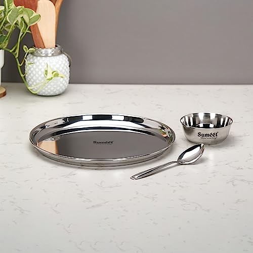 Image 6 of Sumeet Stainless Steel Heavy Gauge Mirror Finish Dinner Solid Set of 3 Pcs (1 Plate, 1 Bowl/Wati, 1 Spoon), Silver