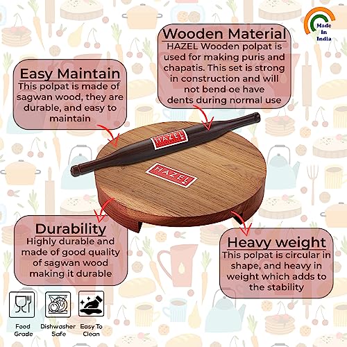 Image 4 of HAZEL Sagwan Polpat Chakla Roti Chapati Maker 23 cm with Sheesham Roti Roller Belan Rolling Pin 34 cm