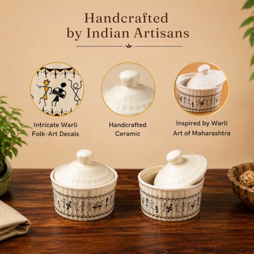 Image 3 of ExclusiveLane Warli Village Tales Handcrafted Ceramic Pickle Jar Set (Set of 2, 160 ml)