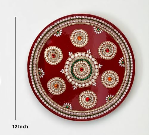 Image 4 of Royal Indian Art Kundan Decor Stainless Steel Pooja Thali Set, 12 Inches