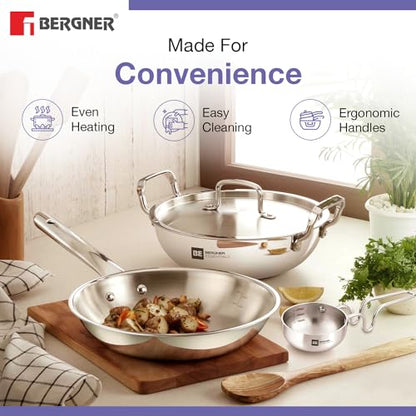 Image 5 of BERGNER TriPro Tri-Ply Stainless Steel 4 Pcs Cookware Set - 22cm Indian Wok/Kadai with Lid, 22cm Frypan, 10cm Tadka Pan