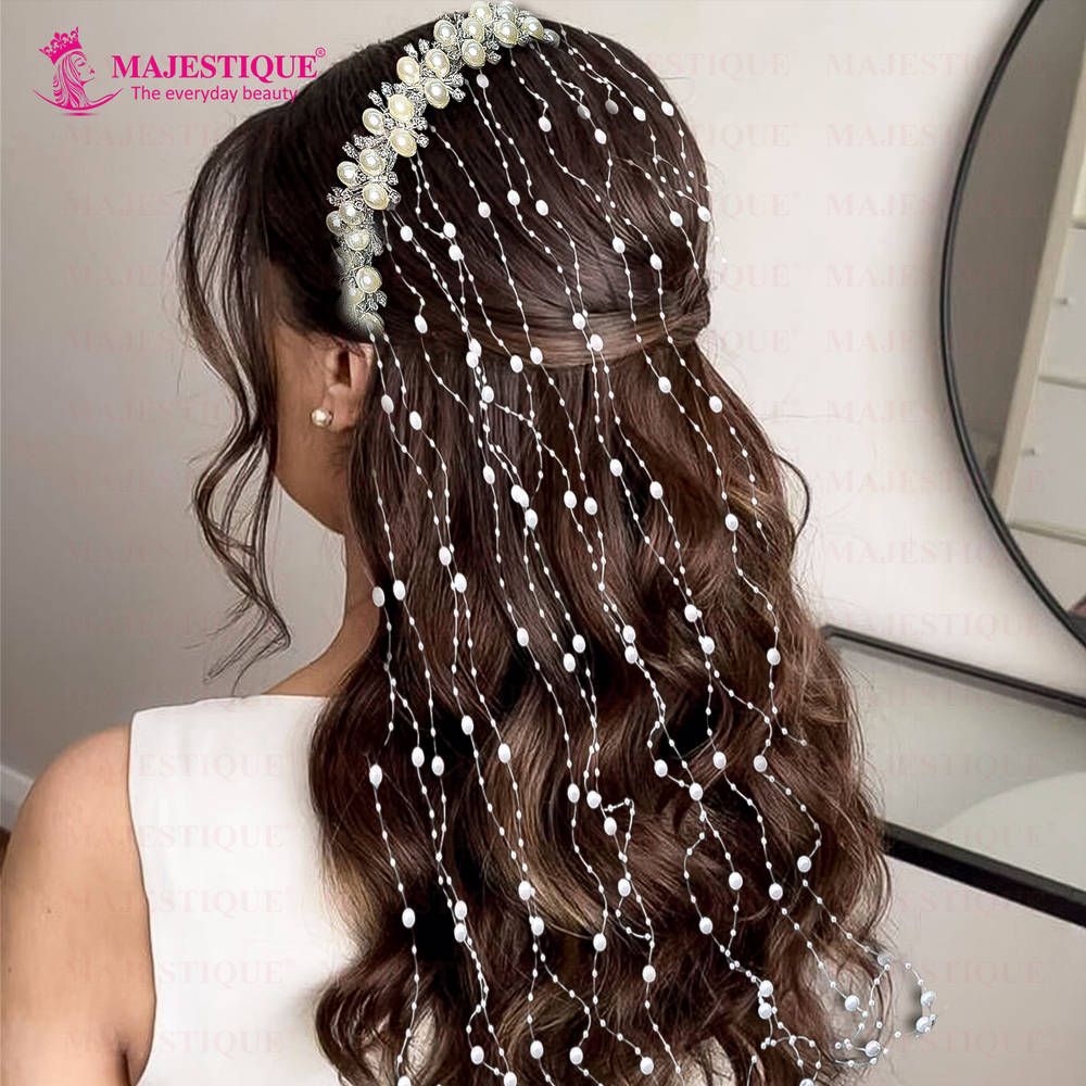 Image 5 of Majestique White Bridal Pearl Tassel Hairband With Crystals