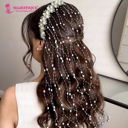 Image 5 of Majestique White Bridal Pearl Tassel Hairband With Crystals