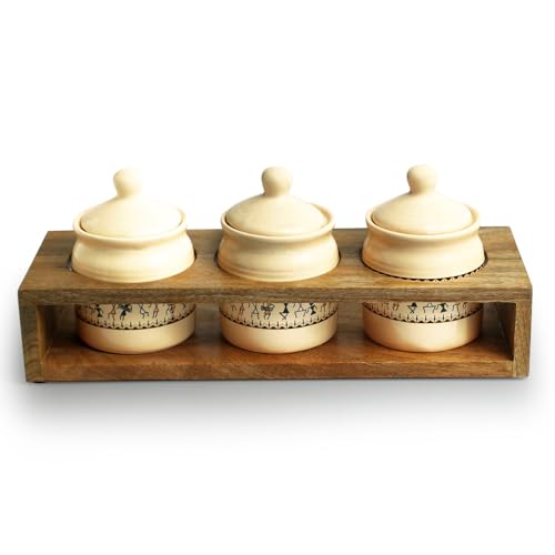 Image 2 of ExclusiveLane Art Of Warli Ceramic Pickle Jars With Wooden Holder Set of 3, 280 ml