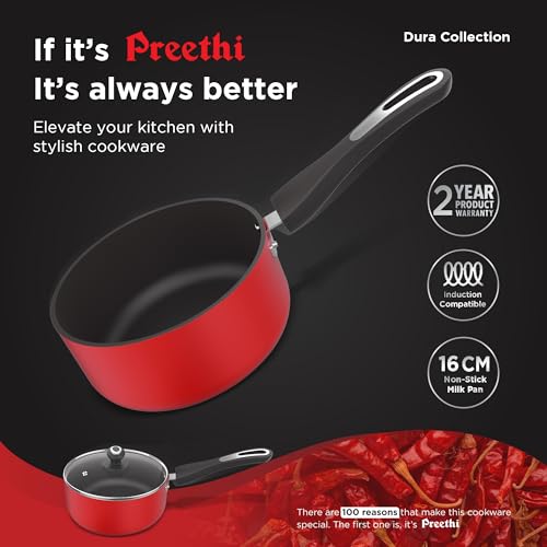 Image 2 of Preethi Dura Collection Non Stick Milk Pan | 16 cm | 5 Star Non Stick | Gas & Induction Compatible | Chilly Red | 1L | 1 Piece | Aluminium