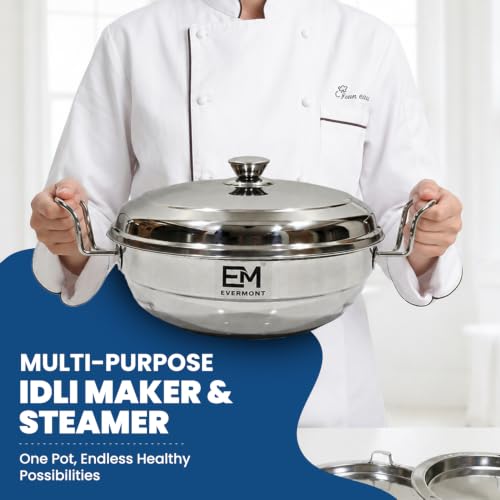 Image 2 of EVERMONT Stainless Steel Idli maker Induction Bas Idli Cooker/Momo Maker/Multi Kadai/Steamer Set|Large Plates 2 Idli|2 Dhokla|1 Steamer|28cm - 4 Ltr, 3.0Kg | 3-Layer Thick Bottom | Gas & Induction Friendly