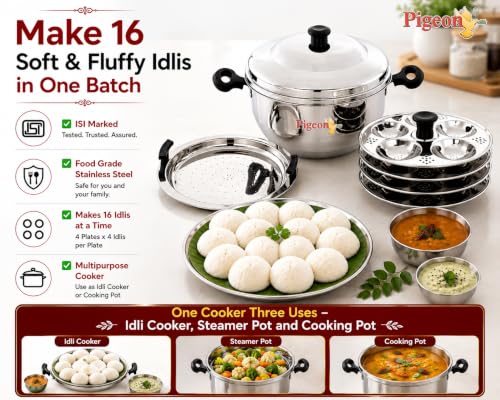 Image 3 of Pigeon Stainless Steel Hot 16 Idly Pot with Steamer - Silver