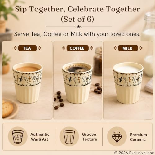 Image 3 of ExclusiveLane Whispers of Warli Handcrafted Ceramic Tea Glass Set of 6 160 ML