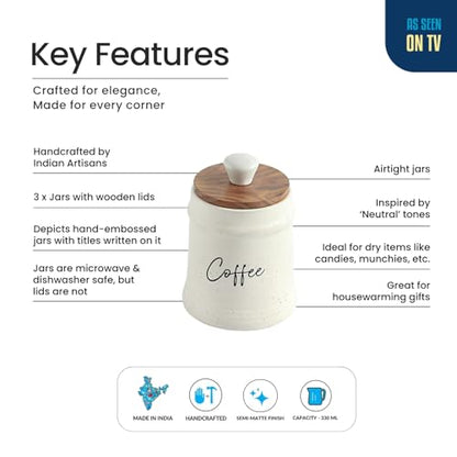 Image 5 of ExclusiveLane 'Daily Rituals' Airtight Ceramic Jars For Kitchen Storage With Wooden Lid Ceramic Containers For Pickle Cookies Sugar Dry Fruits (Set of 3, Airtight, 300 ML, Hand-Embossed, 13.5 Cm)