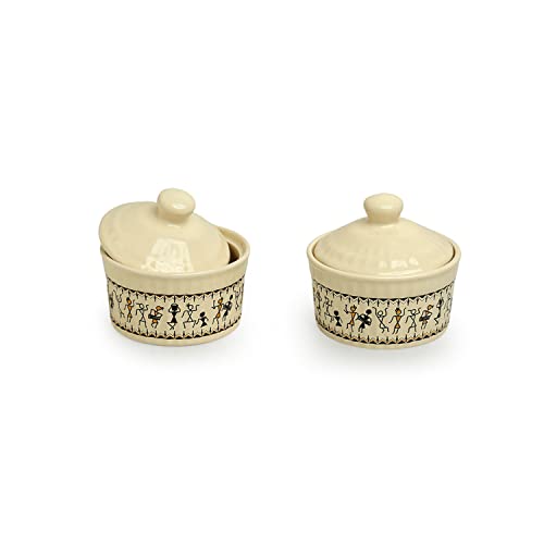 Image 3 of ExclusiveLane Warli Village Tales Ceramic Pickle Jars Set of 2 with Iron Holder 160 ml