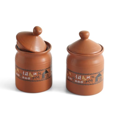 Image 2 of ExclusiveLane Warli Village Tales Handcrafted Ceramic Pickle Jar Set of 2, 500 ML