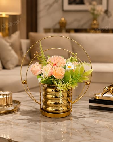 Image 1 of Default Title for the product Divyakosh Artificial Flower Vase, Metal Golden Ring with Pre Fixed Flowers, Gift Item, Showpiece | Home Decoration Items for Living Room | Aesthetic Home Decor, Vase for Home Decor'
