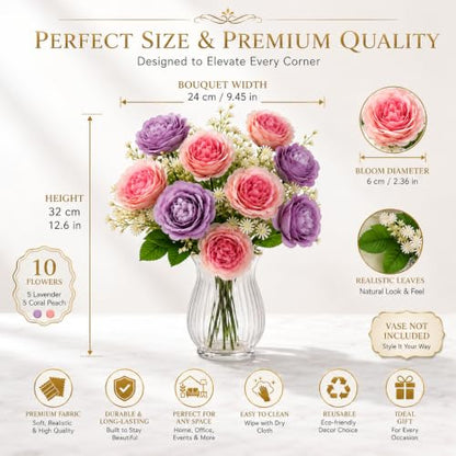 Image 2 of Divyakosh Artificial Flowers Bunch (Vase Not Included). Artificial Flower for Vase Flower Bouquet Gift Lavender & Coral Peach Peony Bouquet for Living Room Office Dining Table Centerpiece