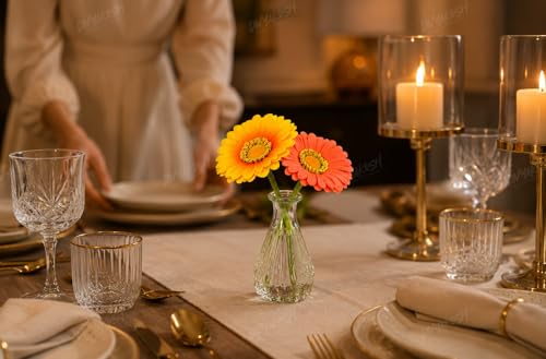 Image 6 of Divyakosh Artificial Flower Vase | Glass Vase (1) with Gerbera Flowers (2) | Home Decoration Items for Living Room | Aesthetic Home Decor, Vase for Home deﾌ…or'
