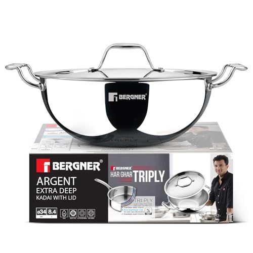 Image 7 of 34cm (9.1L) for the product BERGNER Argent Triply Deep Kadai with Stainless Steel Lid
