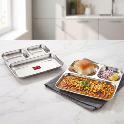 Image 1 of Default Title for the product HAZEL Stainless Steel Pav Bhaji Plate 3 in 1 Section Plate Set of 2