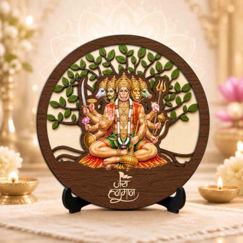 Image 2 of Panchmukhi Hanuman Ji Round Wooden Devotional Idol with Stand for Puja Room, Home Decor & Religious Gift - 5x5 Inch