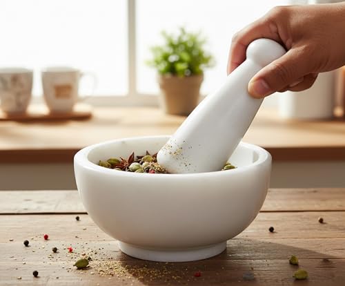 Image 2 of KLEO Natural White Marble Stone Mortar And Pestle Set 6" Wide Big Size