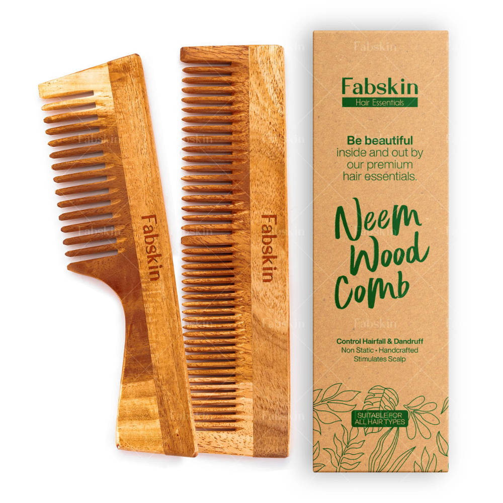 Image 1 of Set Of 2 / Pack of 1 for the product Fabskin Graduated & Handle Neem Wooden Comb - Set Of 2