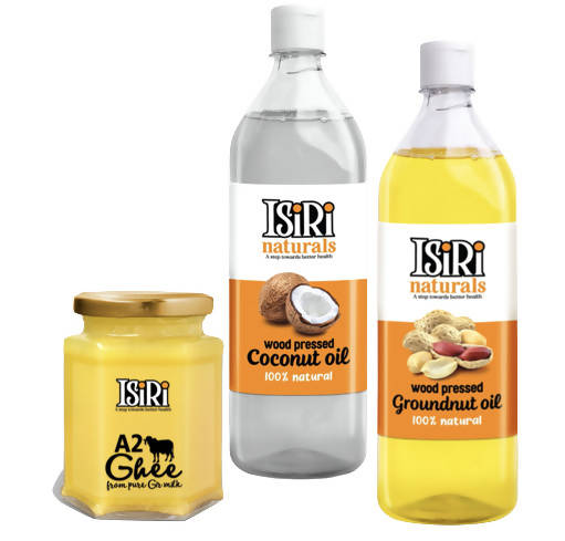 Image 1 of Combo for the product Isiri A2 Ghee + Coconut Oil + Groundnut Oil Combo | Certified Organic Ghee & Oils