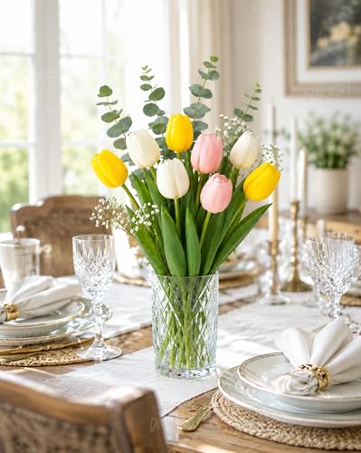 Image 5 of Divyakosh Artificial Flowers for Vase (Vase Not Included)- Luxury Tulip Flower Bouquet with Eucalyptus & Baby's Breath, Faux Floral Arrangement for Home Decor, Living Room, Wedding Decoration, Office