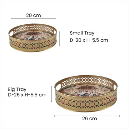 Image 2 of Go Hooked Decorative Metal Tray Set of 2 with Traditional Indian Folk Dance Artwork | Round Gold Finish Accent Trays for Home Décor, Festive Decoration & Ethnic Luxury Display (8/10 Inch)
