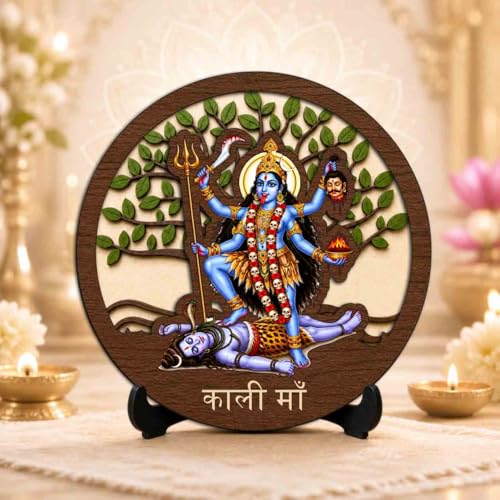 Image 2 of Kali Maa Table Top Wooden Idol/Murti for Mandir Decoration, Office Desk & Festive Gift - 5x5 Inch