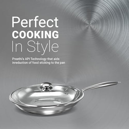 Image 6 of Preethi Metallica Collection Triply Stainless Steel Frypan with Glass Lid, 26 cm, Gas & Induction Compatible, Metal Spatula Friendly