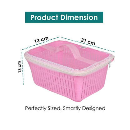 Image 1 of Go Hooked Multipurpose Plastic Storage Gift Basket With Net Cover Stylish Basket With Zip Net Cover Versatile Durable Compact Decorative Convenient Pack of 1 Pink