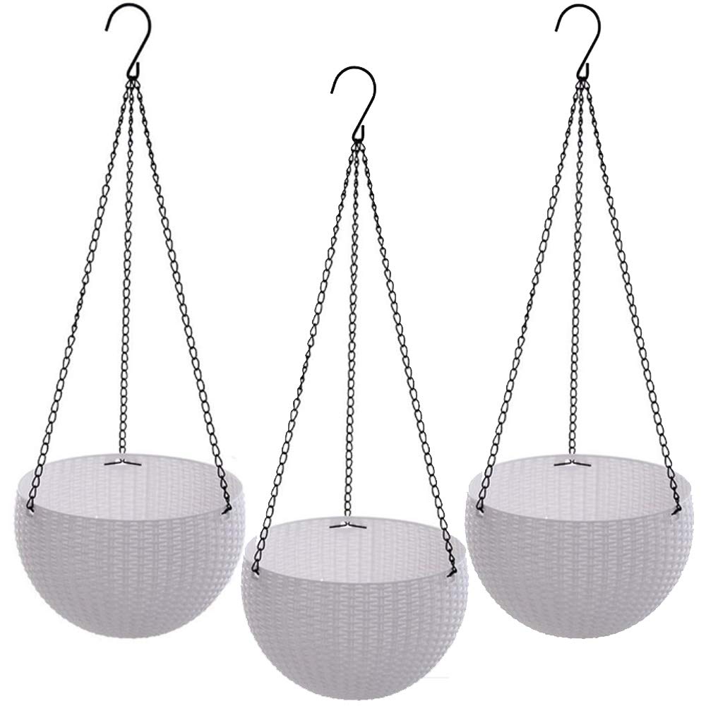Image 1 of Default Title for the product Go Hooked 7.1" Plastic Rattan Hanging Basket/Hanging Pots with Metal Hanging Chain/Hanging Planters Set of 3 (White) (Flowers Not Included)