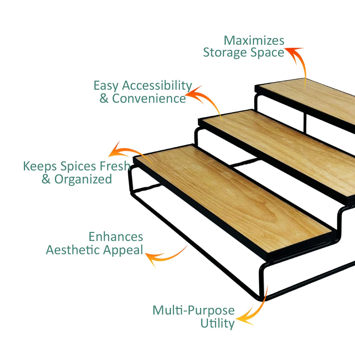 Image 2 of Go Hooked 3-Tier Wood-Finish Spice Rack Organizer for Kitchen 31x20x8 cm | Multi Purpose Storage Organiser | Tiered Shelf For Spice Bottles, Masala Jars, Pantry, Cabinet, Bathroom & Vanity Storage