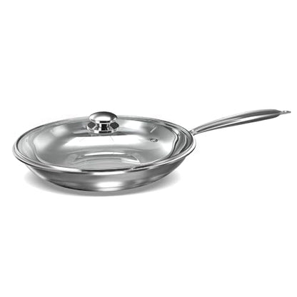 Image 1 of Default Title for the product Preethi Metallica Collection Triply Stainless Steel Frypan with Glass Lid, 26 cm, Gas & Induction Compatible, Metal Spatula Friendly
