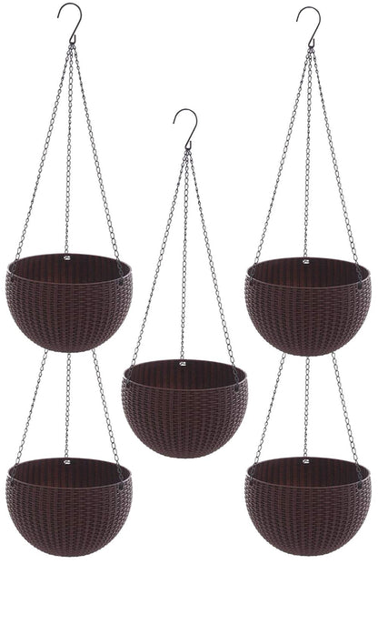 Image 1 of Default Title for the product Go Hooked 7.1" Plastic Rattan Hanging Basket/Hanging Pots with Metal Hanging Chain/Hanging Planters- Set of 5 (Dark Brown) (Flowers Not Included)