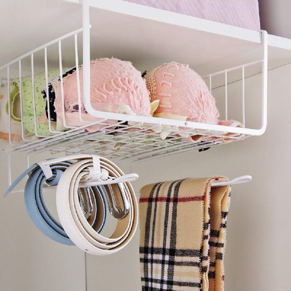 Image 3 of Go Hooked Multipurpose Under Shelf Basket 12 Inch Wire Rack Cabinet Storage Basket | Metal Hanging Basket for Home | Under Cabinet Drawer | Space Saving Under Shelf Rack (White, 1pcs)