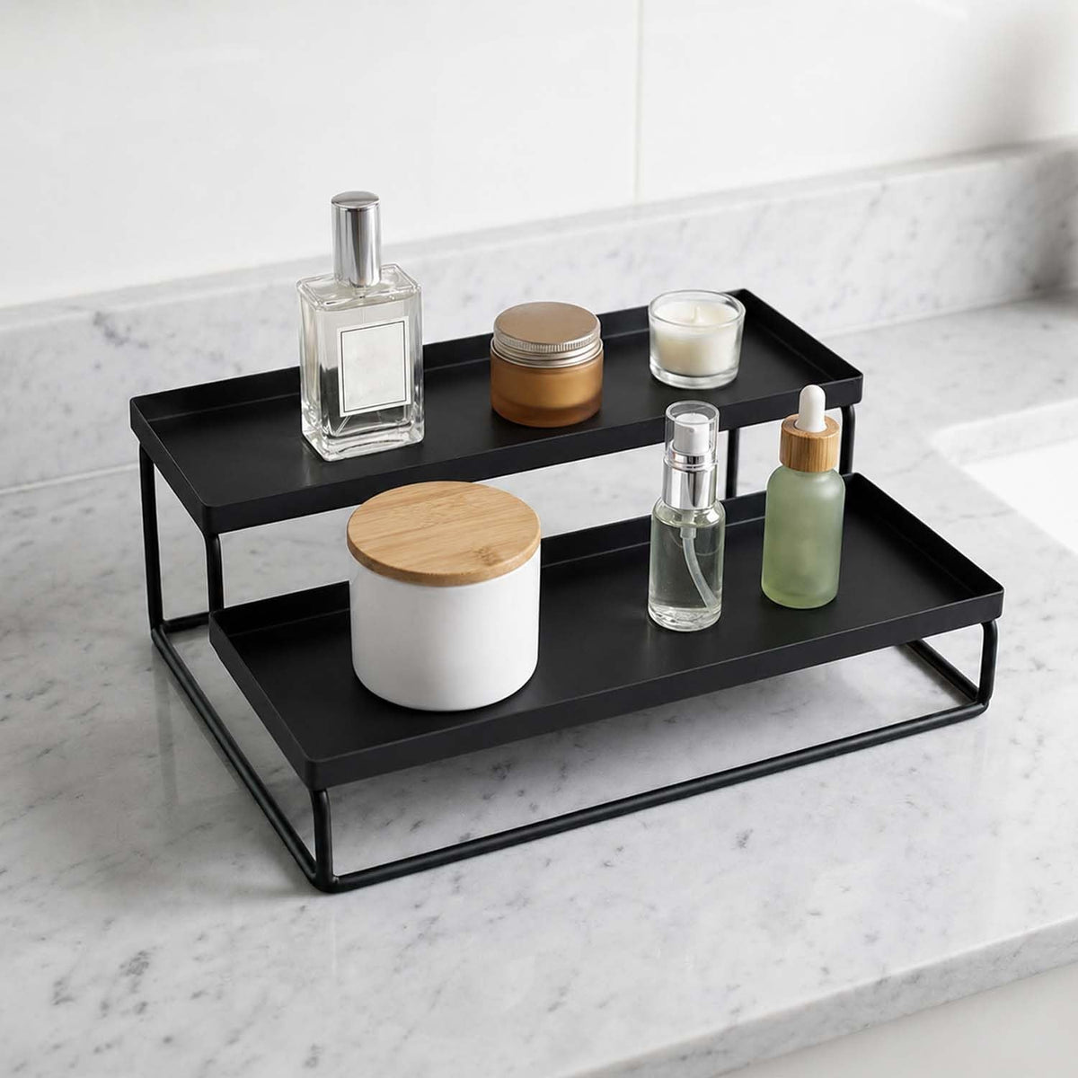 Image 1 of Default Title for the product Go Hooked Metal Standing Rack 2-Tier Countertop Organizer | Spices Organizer | Bathroom Essentials | Vanity Storage | Decorative Use | Cosmetic Makeup Storage (Black, Pack of 1)